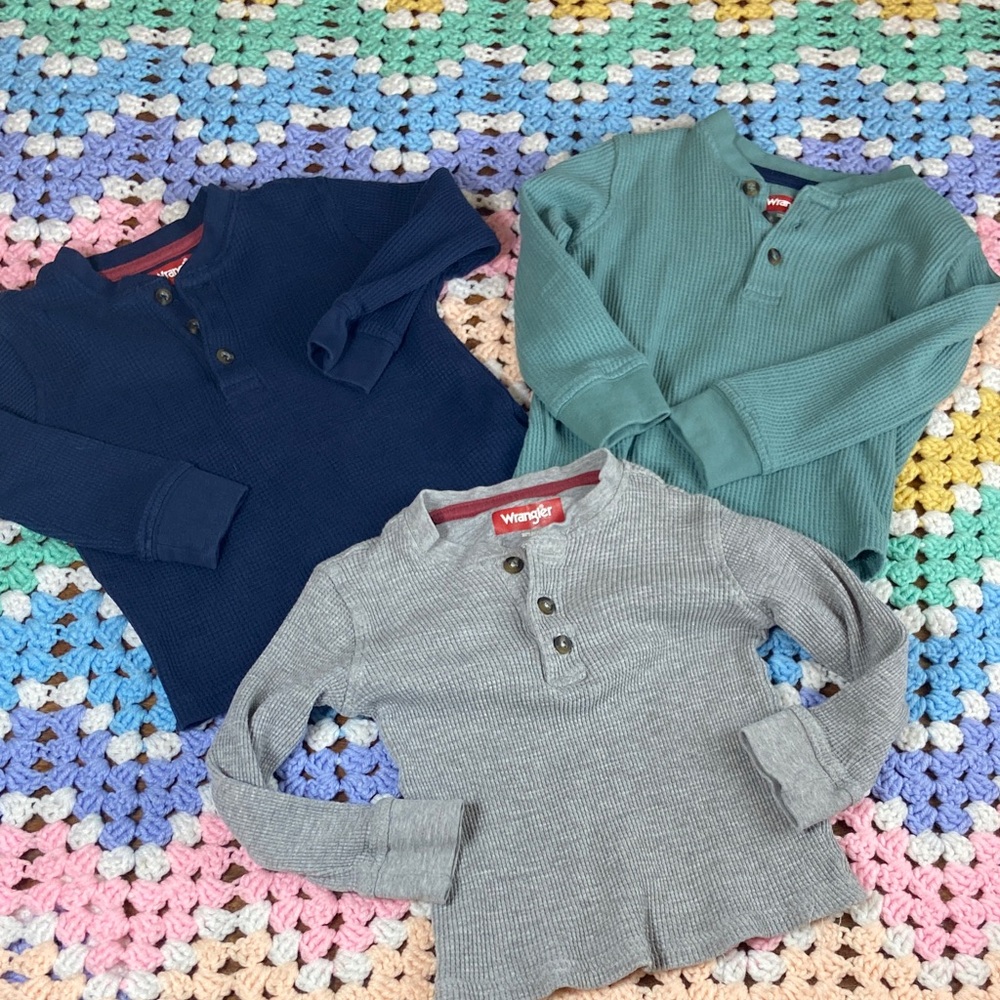 Bundle Wrangler 3T Boys Kids Long Sleeve Thermal Henley Shirt Navy Teal Gray